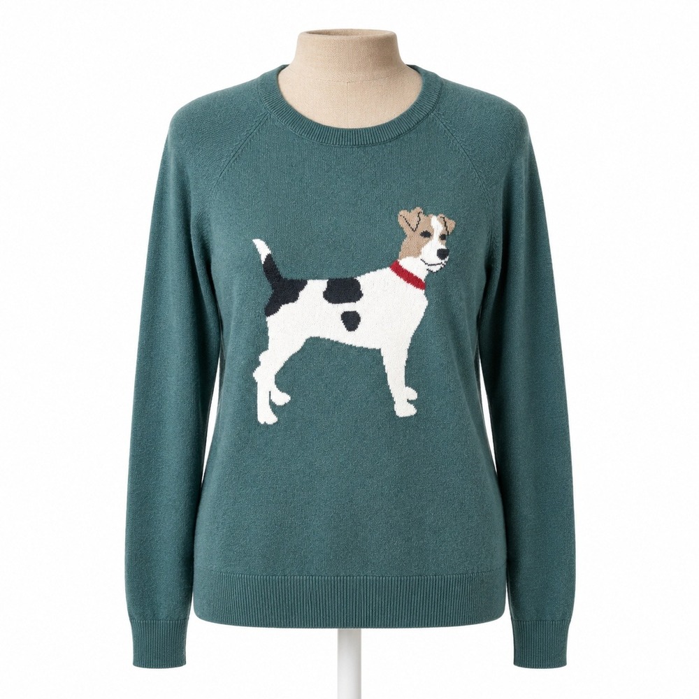 Jack Russell Terrier Dog Embroidered Sweater Sz S Green Knit Long Sleeve Novelty